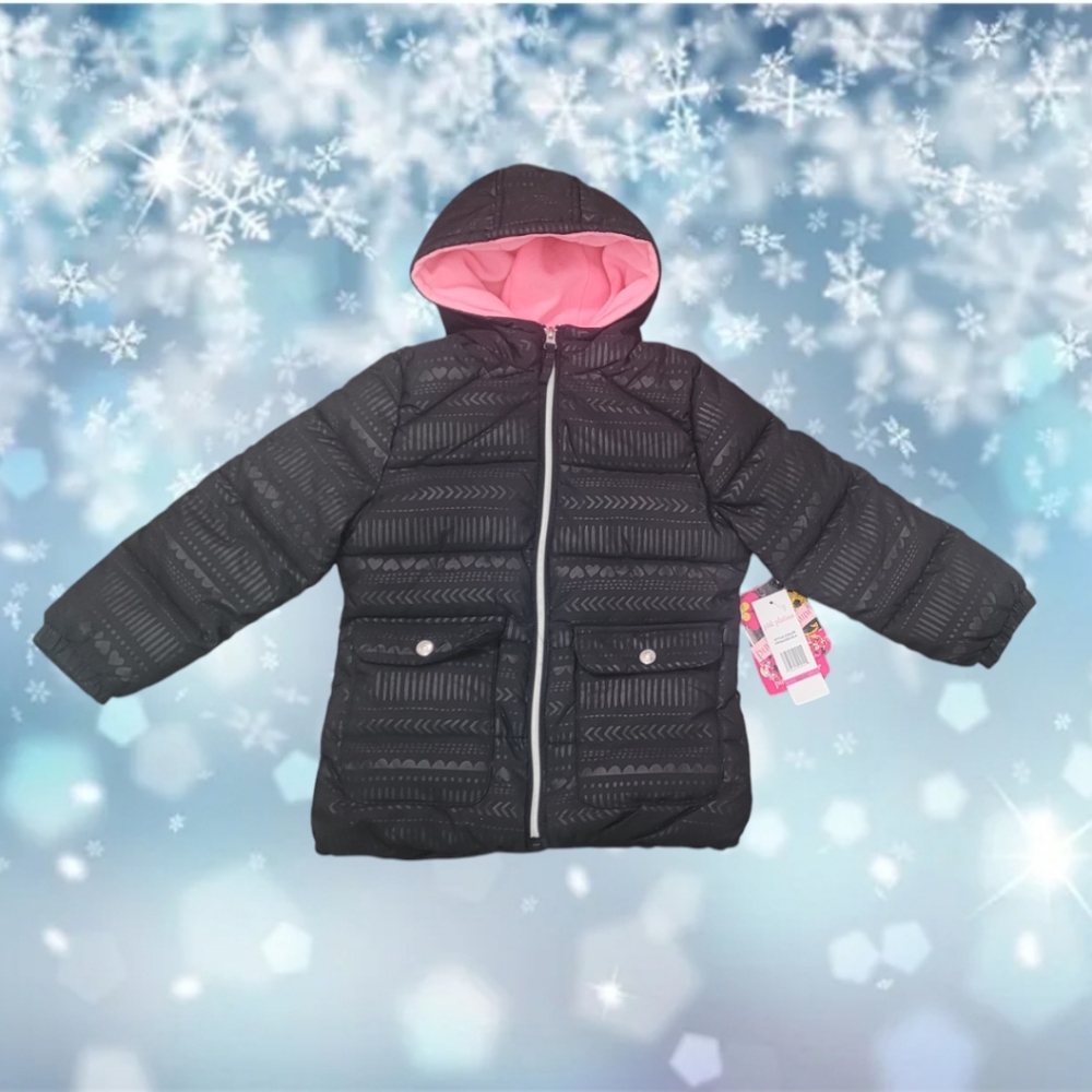 Platnium Pink Girl's Black and Pink Textured Winter Coat